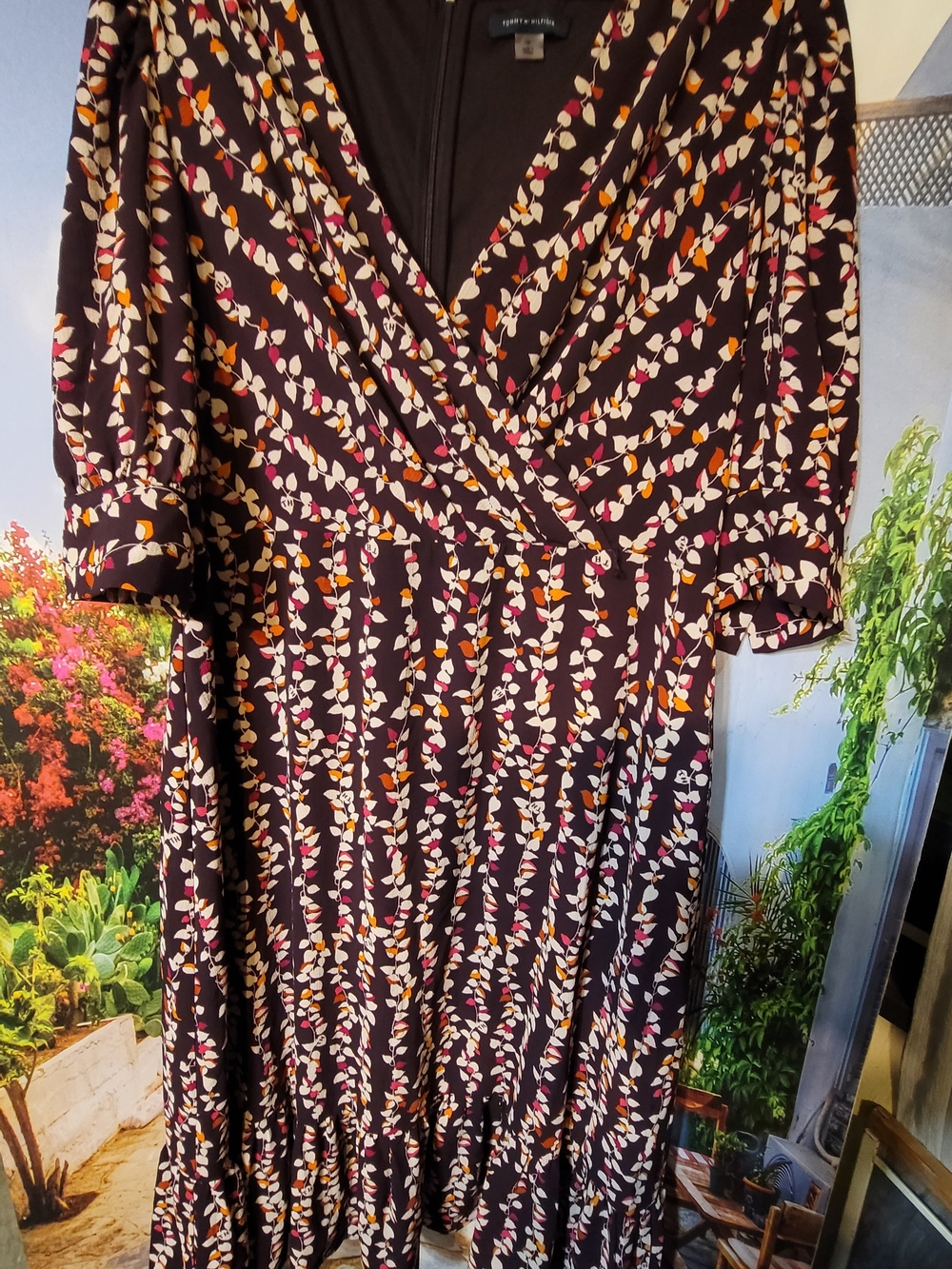 Tommy Hilfiger  Women’s Black Floral Wrap Midi Dress. Gold Buttoned Sleeves.